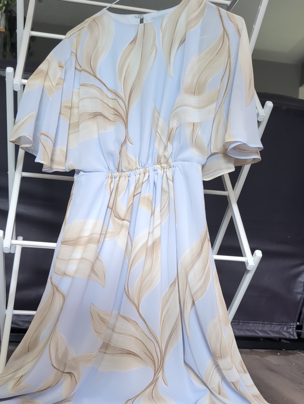 Light Blue Floral Flow Dress with Beige Leaf Print